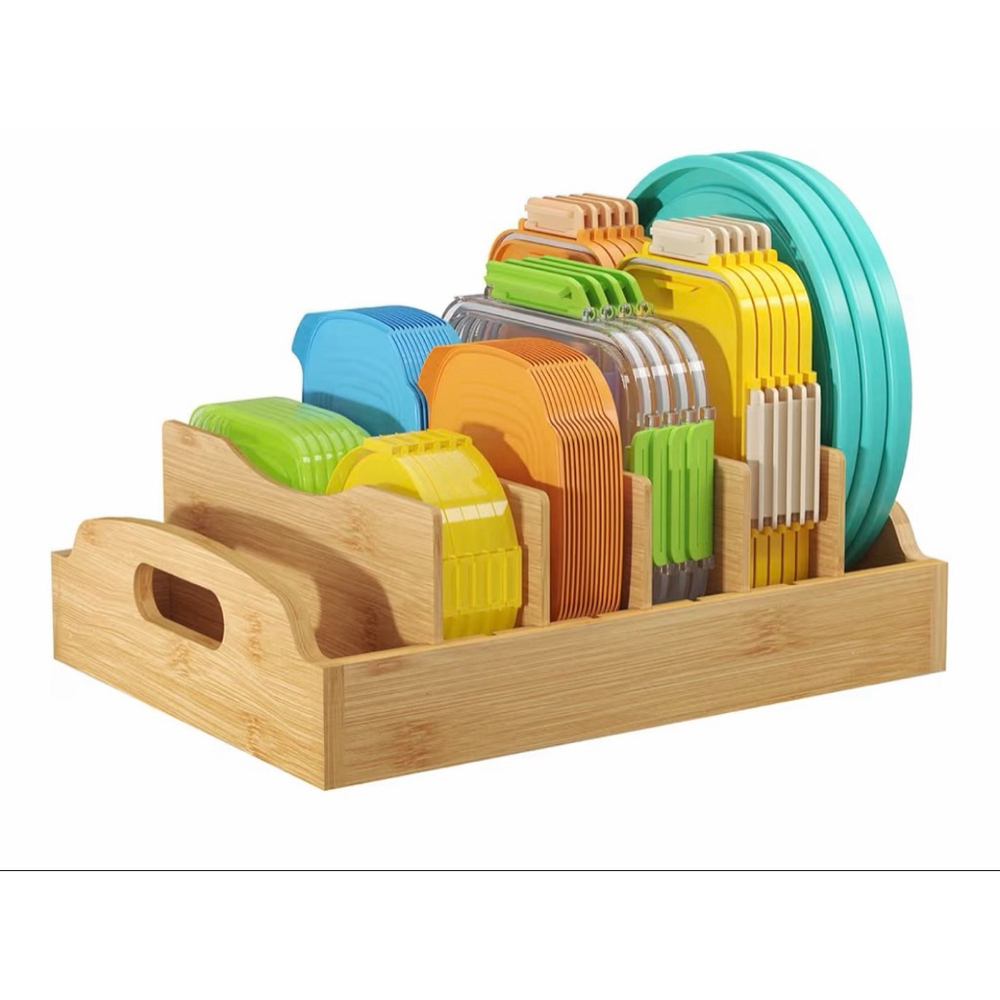 NEW Bamboo Organizer Inside Cabinet food Storage Container Lid Holder Adjustable